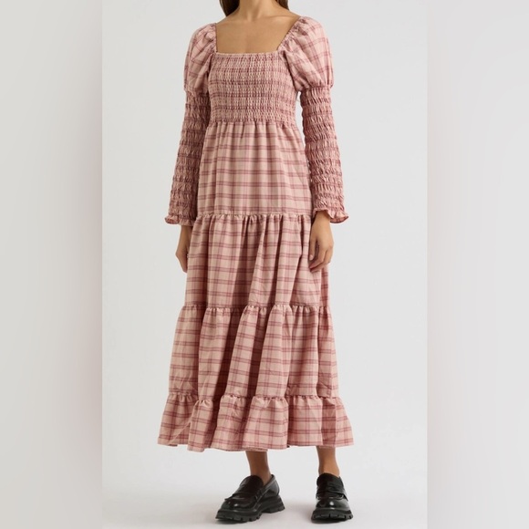 Sister Jane Pointe Check Pink Plaid Smocked Tiered Maxi Dress size L - Picture 3 of 5